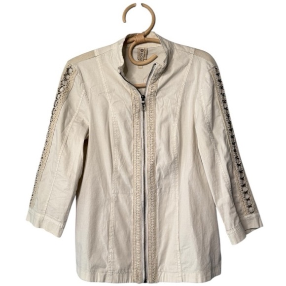 XCVI Wearables Neutral Beige Crochet Trim Sleeve Details Stretch Side Jacket S - Picture 2 of 16